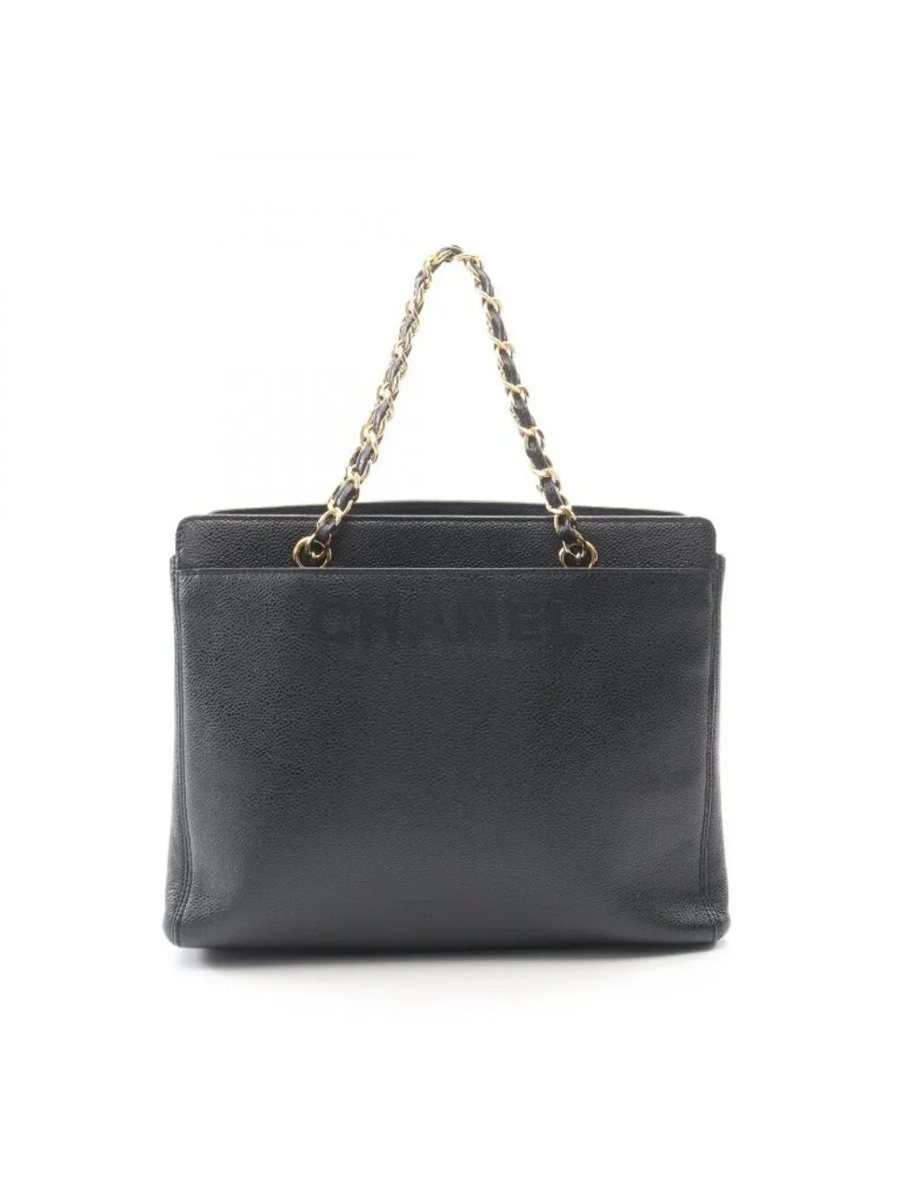Chanel Logo Embroidery Navy Caviar Leather Chain Tote Bag